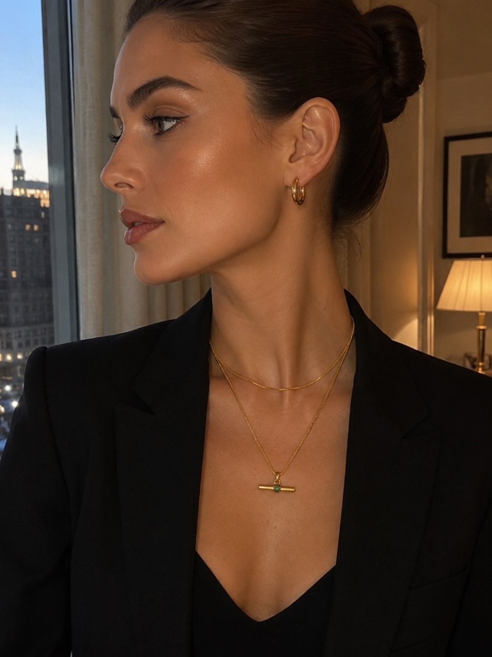 Gold Bar Pendant Necklace with Green Accent - Picture 12 of 14